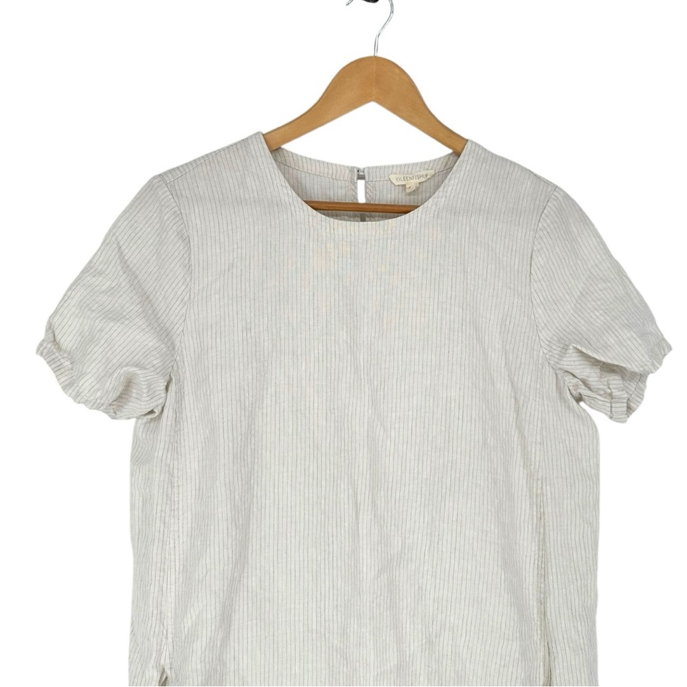 Eileen Fisher Cream Stripe Organic Linen Mini Dress sz Small Pocket Short Sleeve - Picture 2 of 11